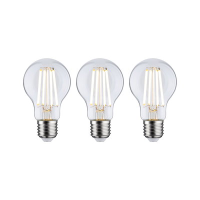 Three clear LED filament bulbs with E27 base for energy-efficient lighting solutions