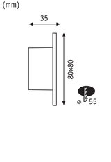 Technische tekening met afmetingen 35 mm diepte, 80x80 mm oppervlak en 55 mm diameter voor elektrische installatie