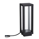 Black metal outdoor lamp with glass panels and cable connection for garden lighting