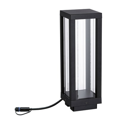 Black metal outdoor lamp with glass panels and cable connection for garden lighting