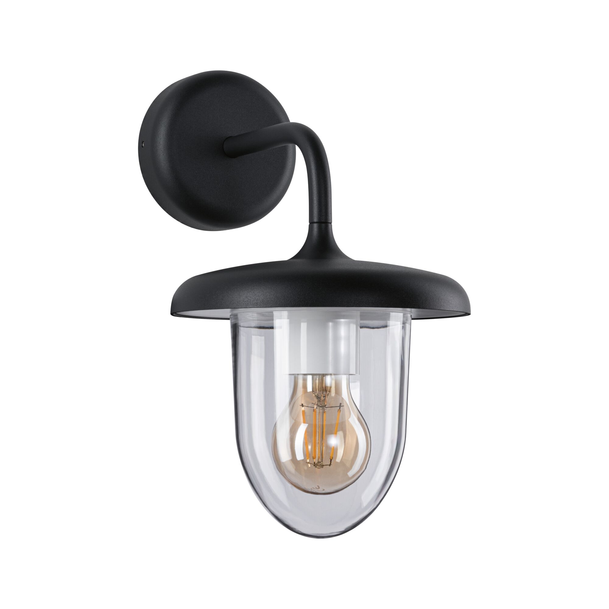 Black metal wall lamp with clear glass and visible LED bulb for outdoor lighting