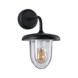 Black metal wall lamp with clear glass and visible LED bulb for outdoor lighting