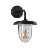 Black metal wall lamp with clear glass and visible LED bulb for outdoor lighting
