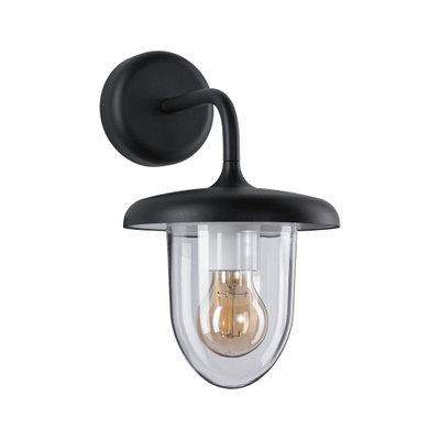 Black metal wall lamp with clear glass and visible LED bulb for outdoor lighting
