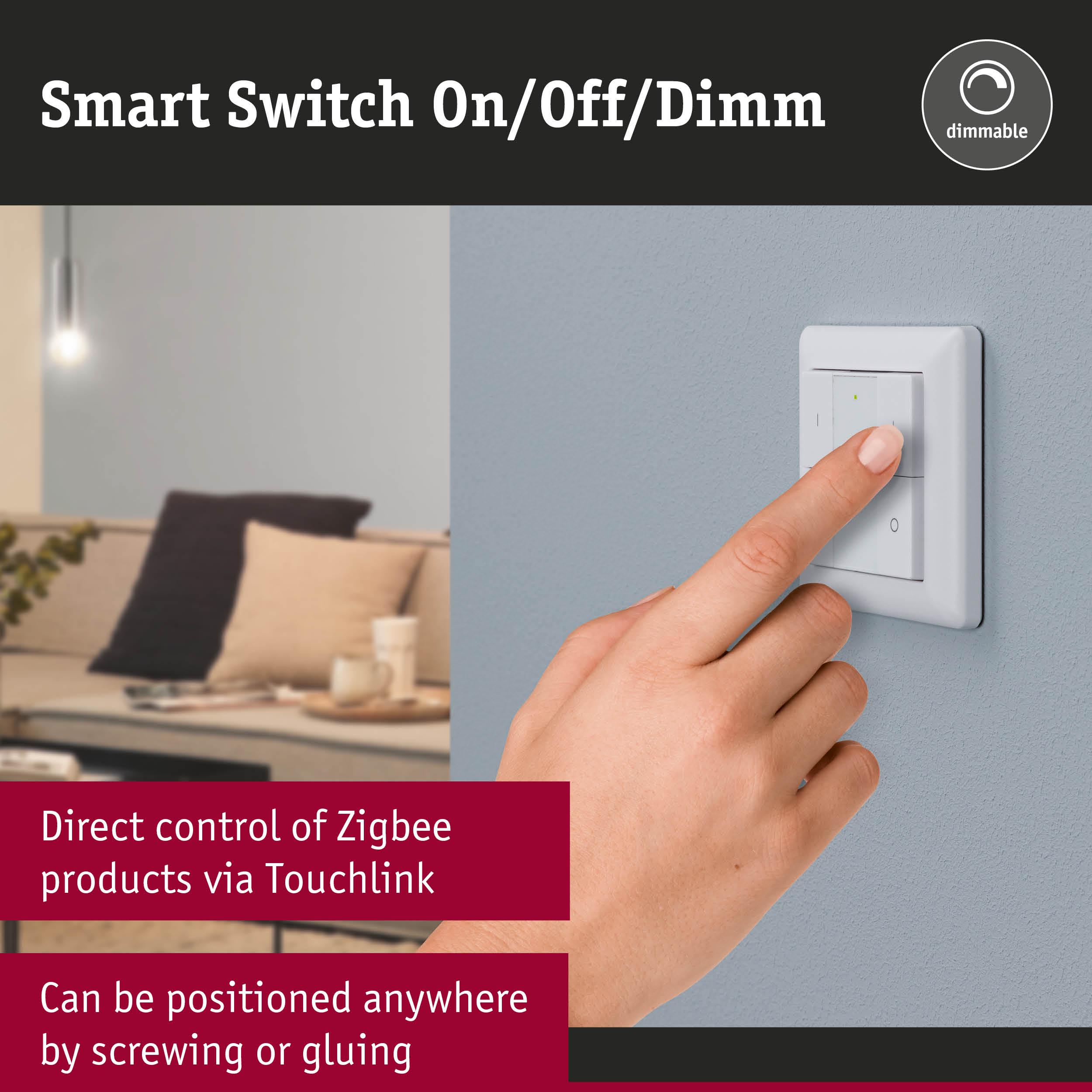 White smart dimmable switch on grey wall with finger pressing, Zigbee light control device