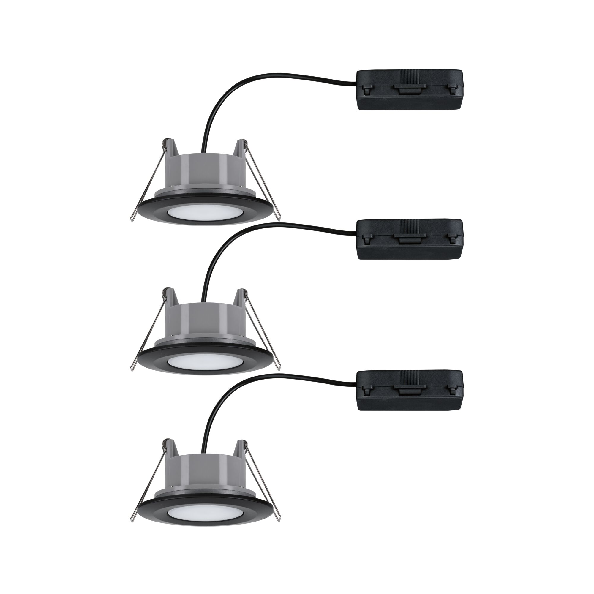 Drie ronde grijze LED-inbouwspots met zwarte rand en kabels voor moderne binnenverlichting