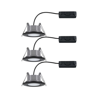 Three round grey LED recessed spotlights with black trim and cables for modern indoor lighting solutions