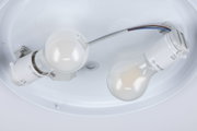 Close-up of two white E27 LED lamp holders with bulbs in a ceiling light fitting