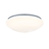 Rund loftlampe med hvidt glas og grå metalramme til moderne belysning
