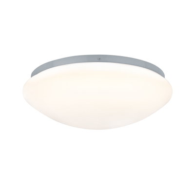 Rund loftlampe med hvidt glas og grå metalramme til moderne belysning
