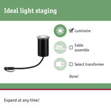 Black LED recessed floor luminaire with cable and connector for flexible lighting setup