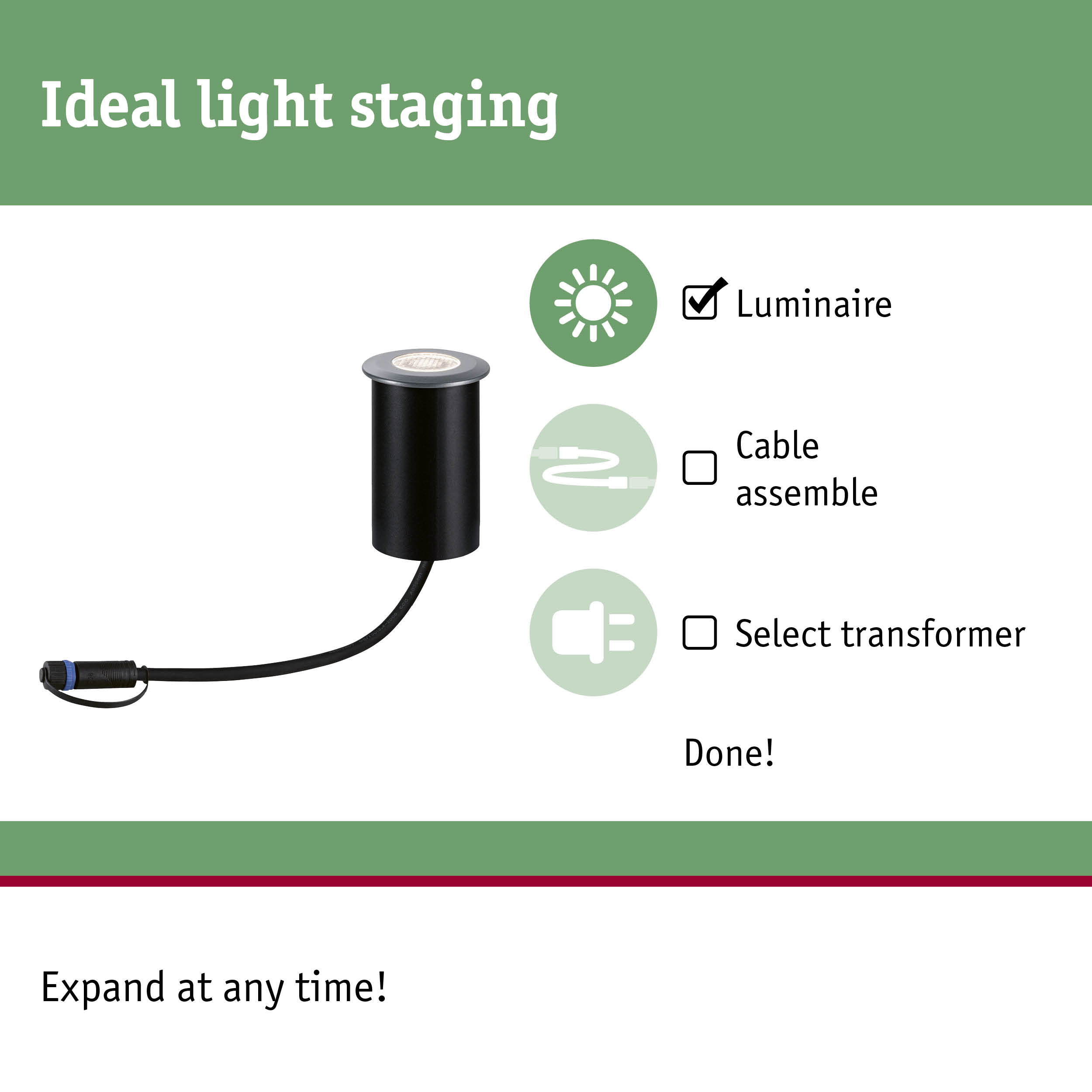 Black LED recessed floor luminaire with cable and connector for flexible lighting setup