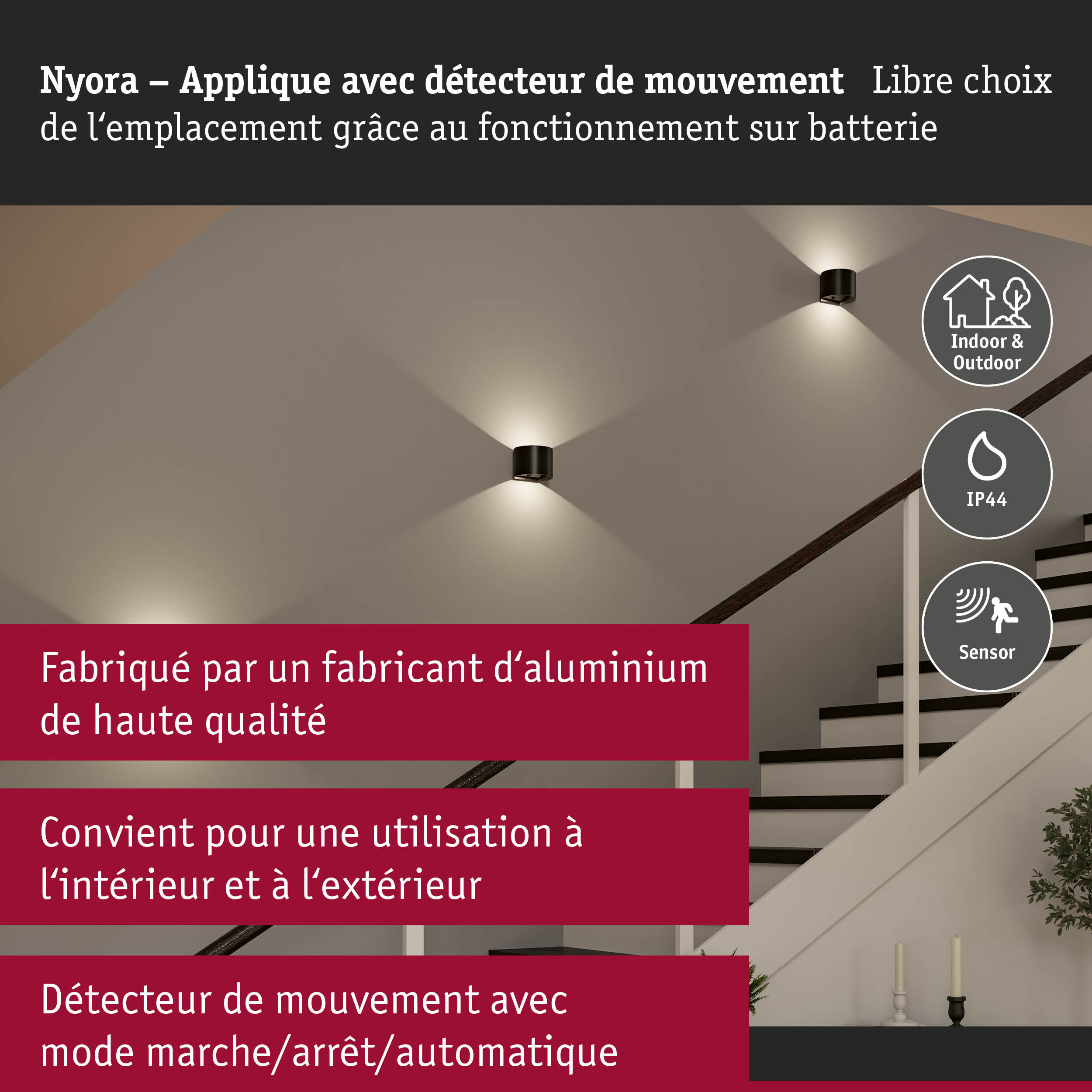 Applique Nyora en aluminium noir avec détecteur de mouvement pour usage intérieur et extérieur