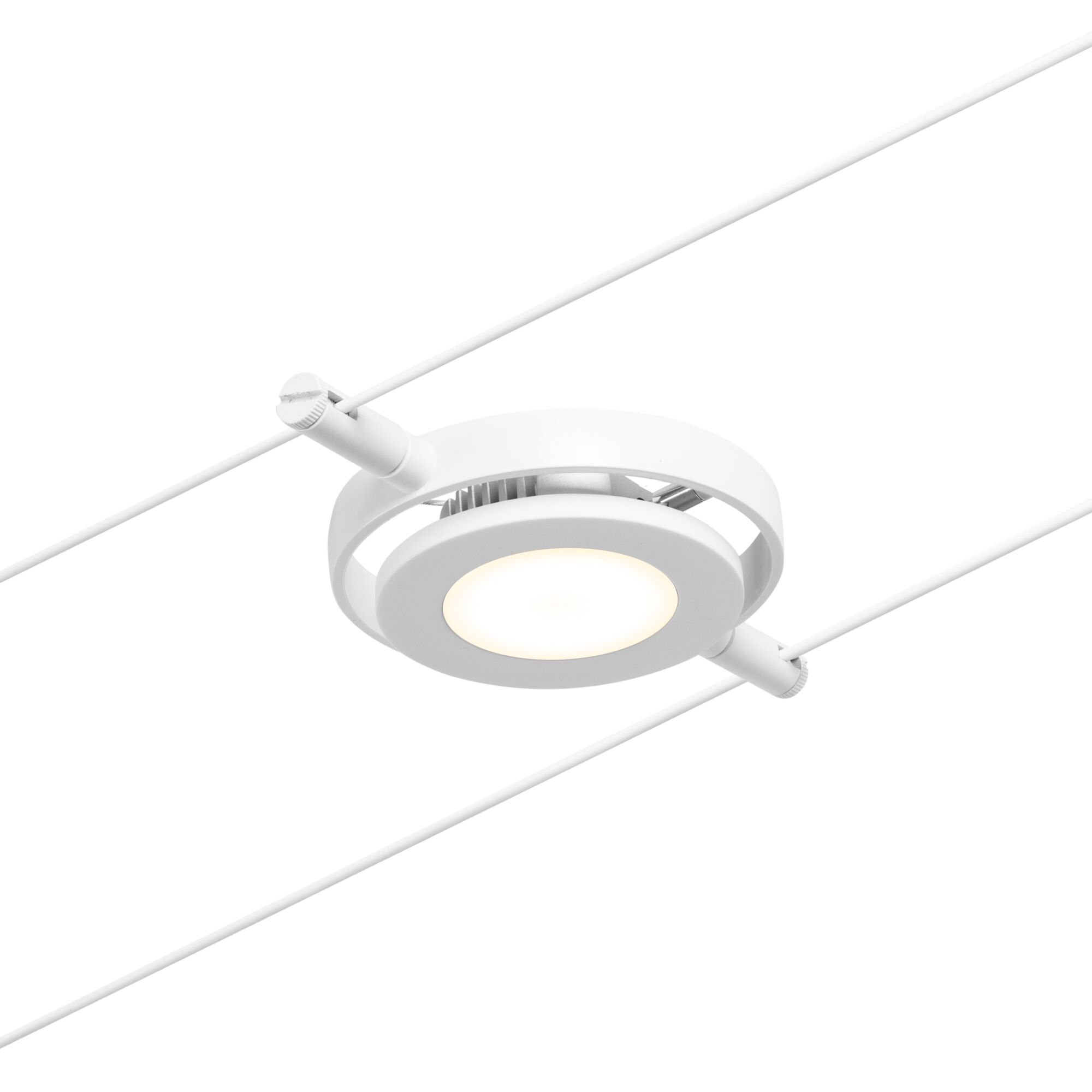 Round white LED cable system light with warm white bulb and metal frame for modern lighting