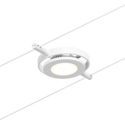 Round white LED cable system light with warm white bulb and metal frame for modern lighting