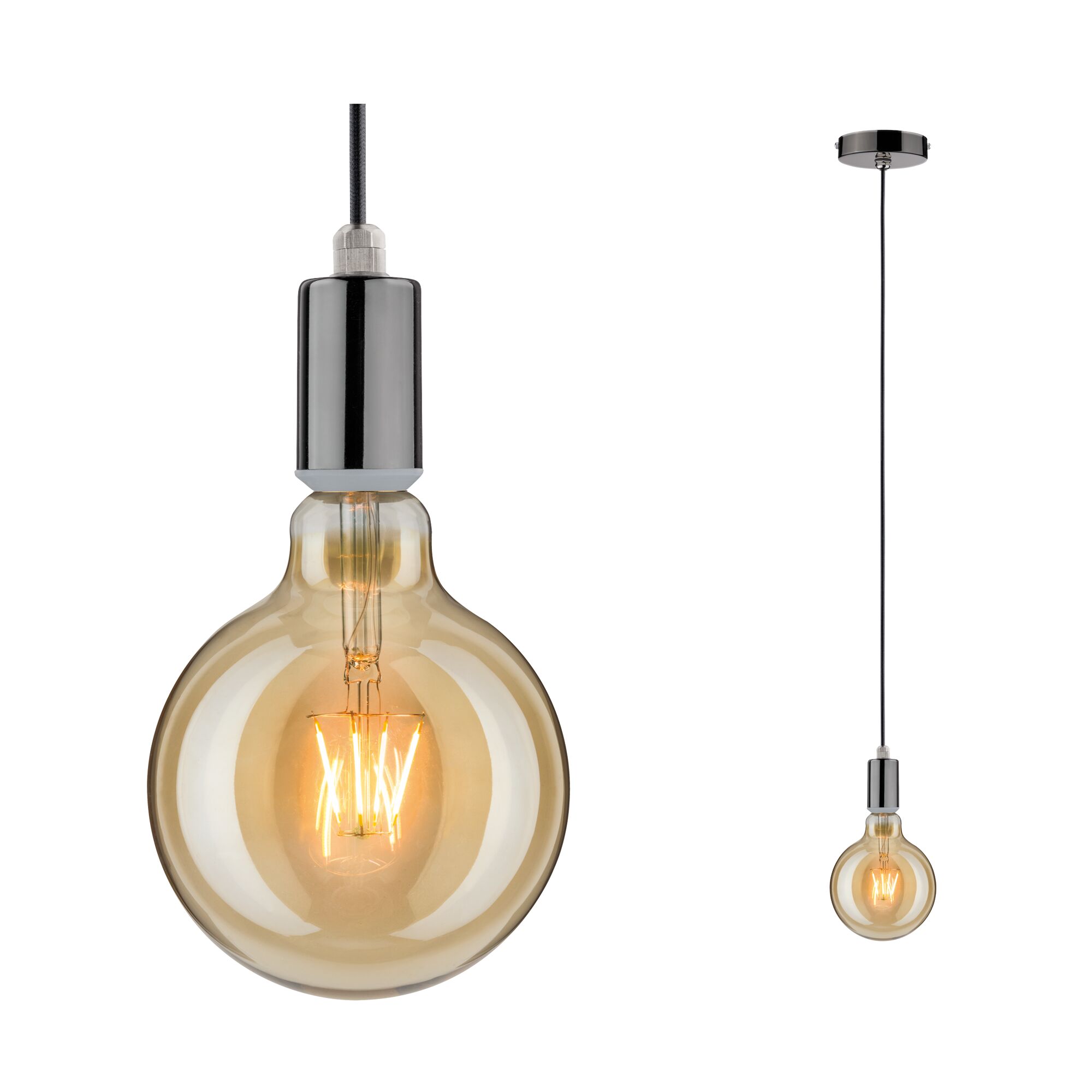 Luminaire en suspension Larus IP44 E27 max. 60W Chrome noir gradable Suspension avec support en métal noir et verre ambré chaud, luminaire LED moderne
