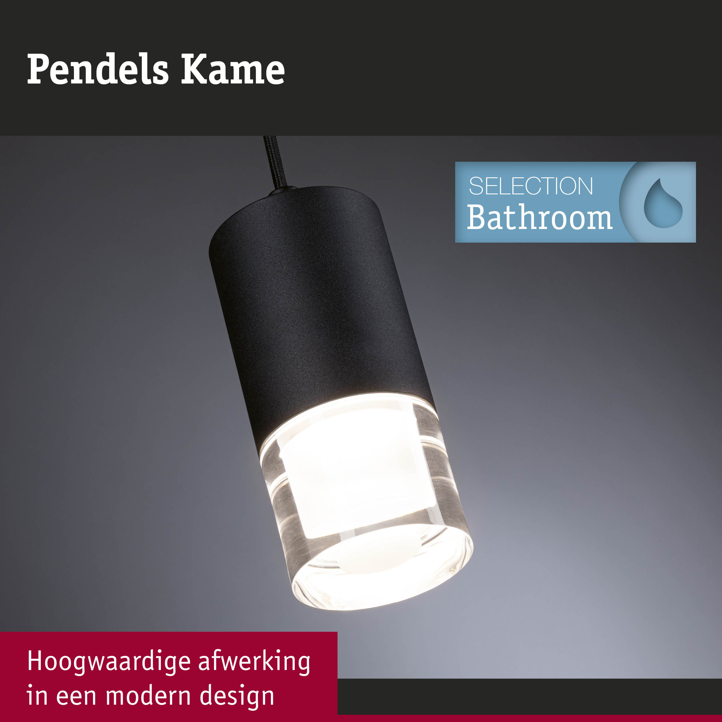 Zwarte hanglamp met glazen diffuser voor badkamer, modern design en hoogwaardige afwerking