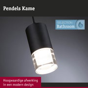 Zwarte hanglamp met glazen diffuser voor badkamer, modern design en hoogwaardige afwerking