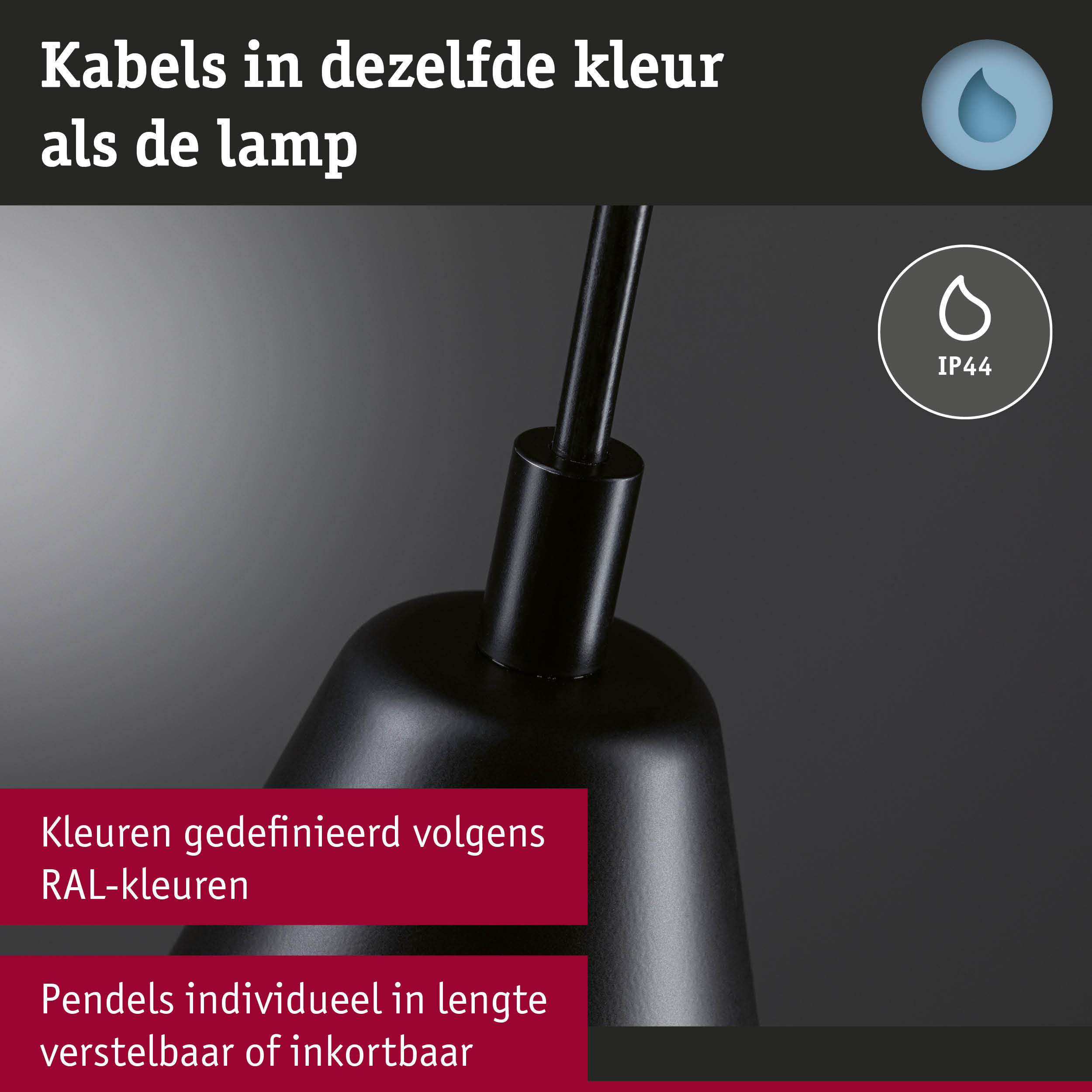 Zwarte pendel met kabel in dezelfde kleur en IP44-classificatie voor vochtige ruimtes