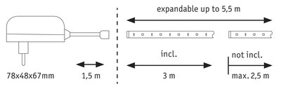 Technische tekening van een uitschuifbare kabel van 1,5 m, uitbreidbaar tot 5,5 m.