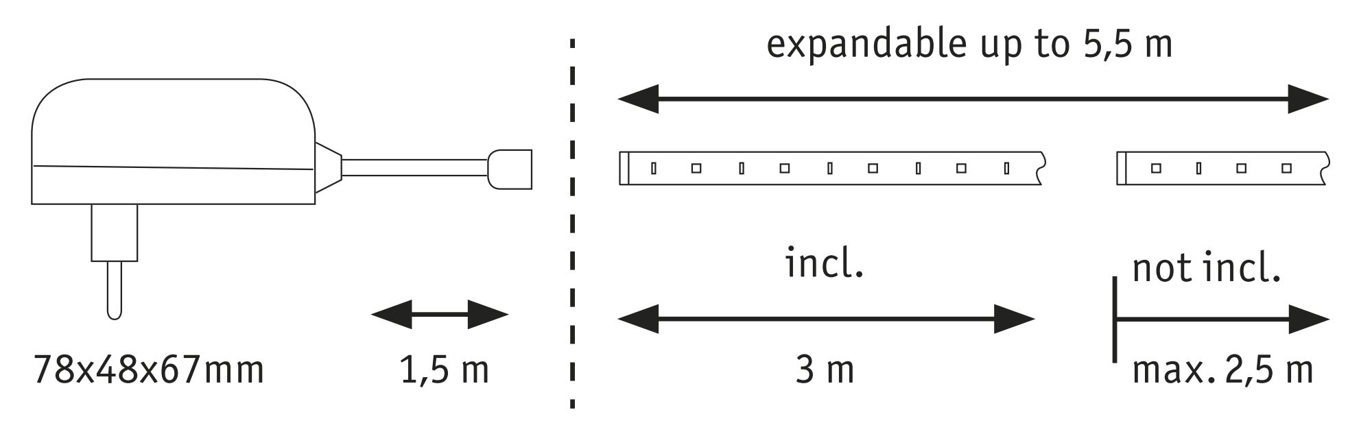 Technische tekening van een uitschuifbare kabel van 1,5 m, uitbreidbaar tot 5,5 m.