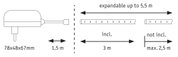Technical drawing of an extendable cable 1.5 m long, expandable up to 5.5 m length.