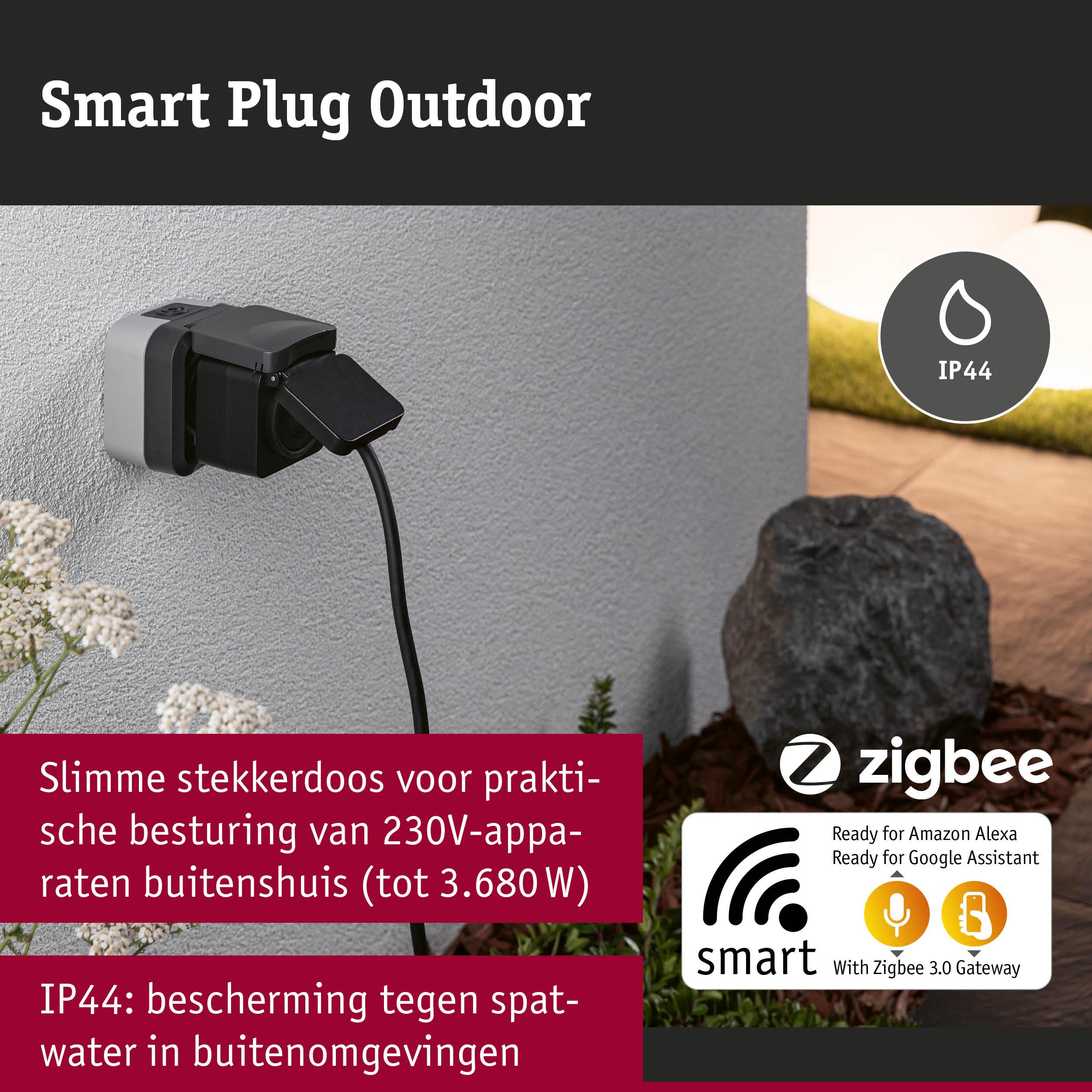 Zwarte en grijze slimme buitenstekker met IP44 bescherming voor 230V apparaten tot 3680W, Zigbee