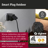 Zwarte en grijze slimme buitenstekker met IP44 bescherming voor 230V apparaten tot 3680W, Zigbee