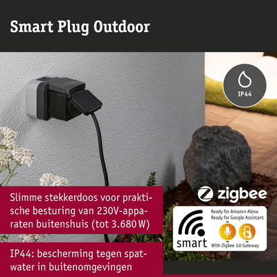 Zwarte en grijze slimme buitenstekker met IP44 bescherming voor 230V apparaten tot 3680W, Zigbee