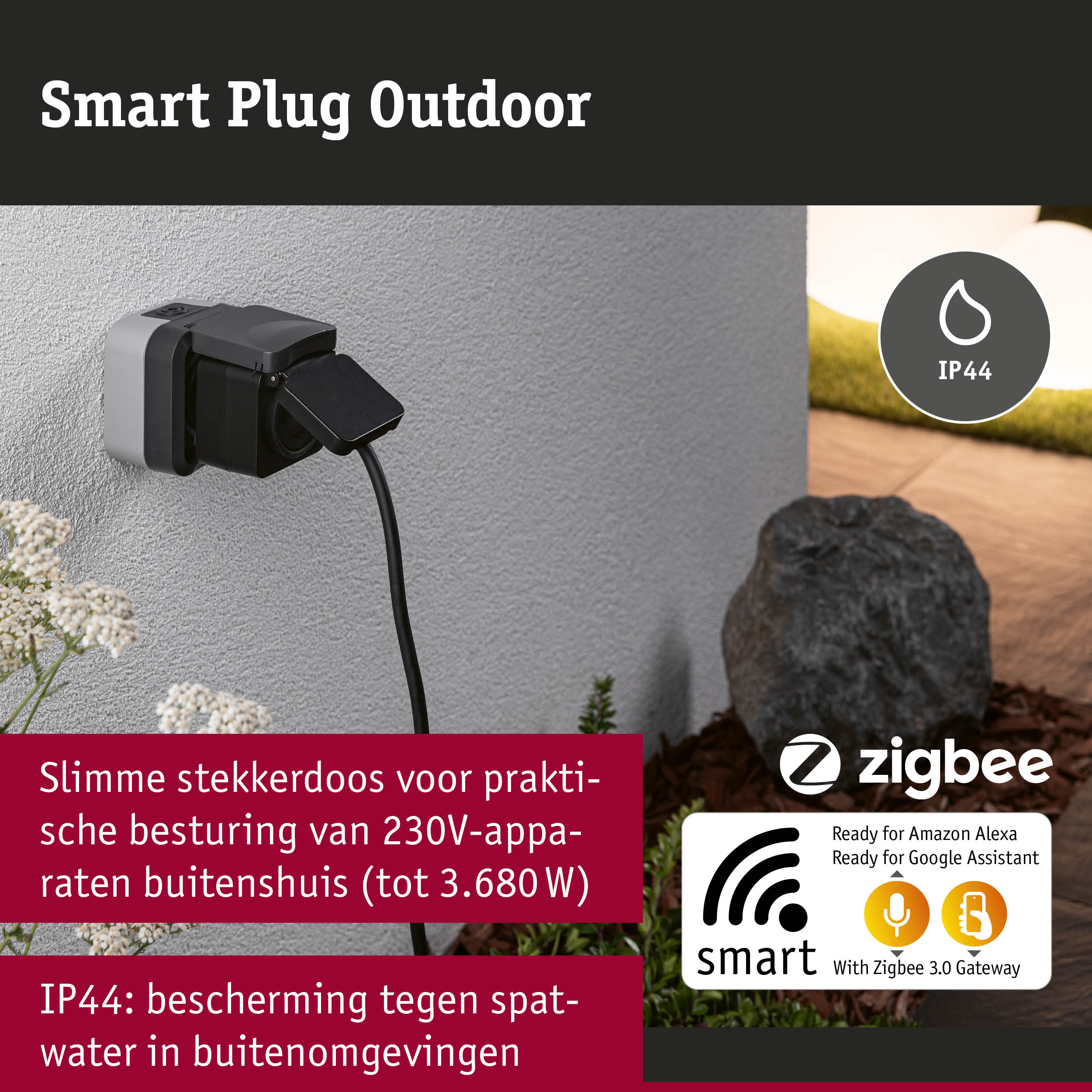 Zwarte slimme buitenstekker met IP44 bescherming voor 230V apparaten, compatibel met Zigbee en spraakbesturing