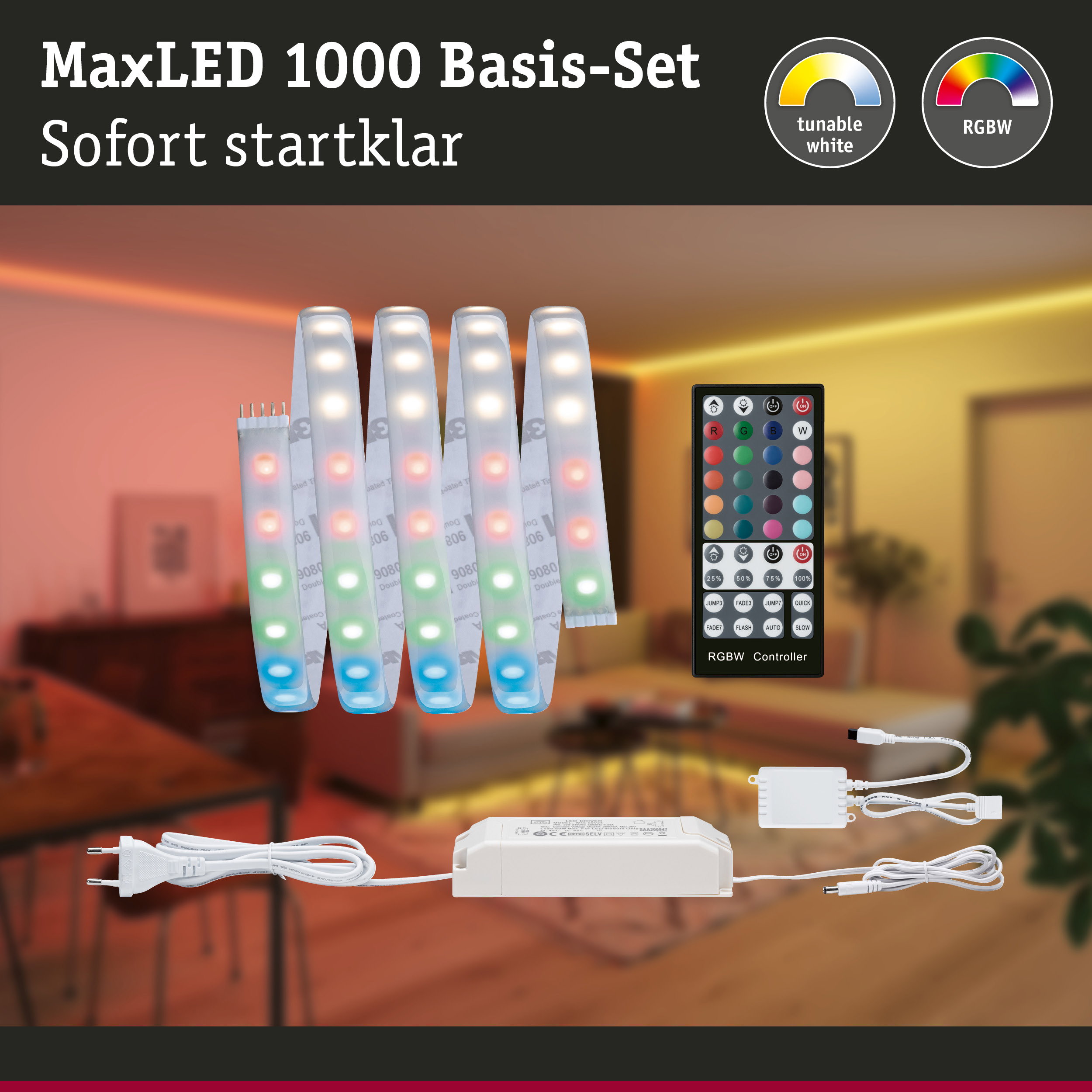 MaxLED 1000 Basis-Set mit RGBW LED-Streifen, Controller und Netzteil für farbige Lichtsteuerung