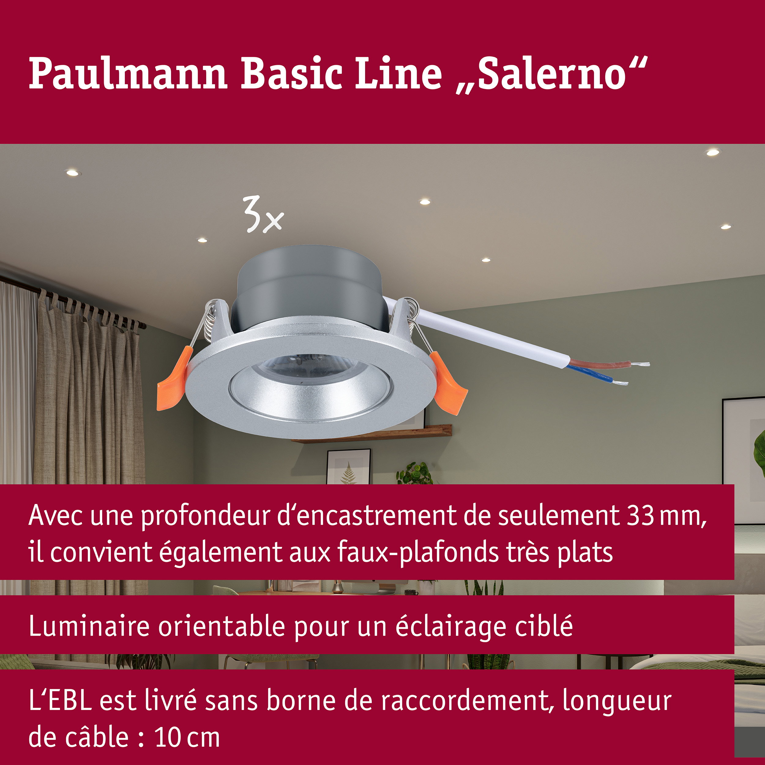 Spot encastré LED Salerno 4000K 67mm 3x204lm 3x2,9W Chrome mat