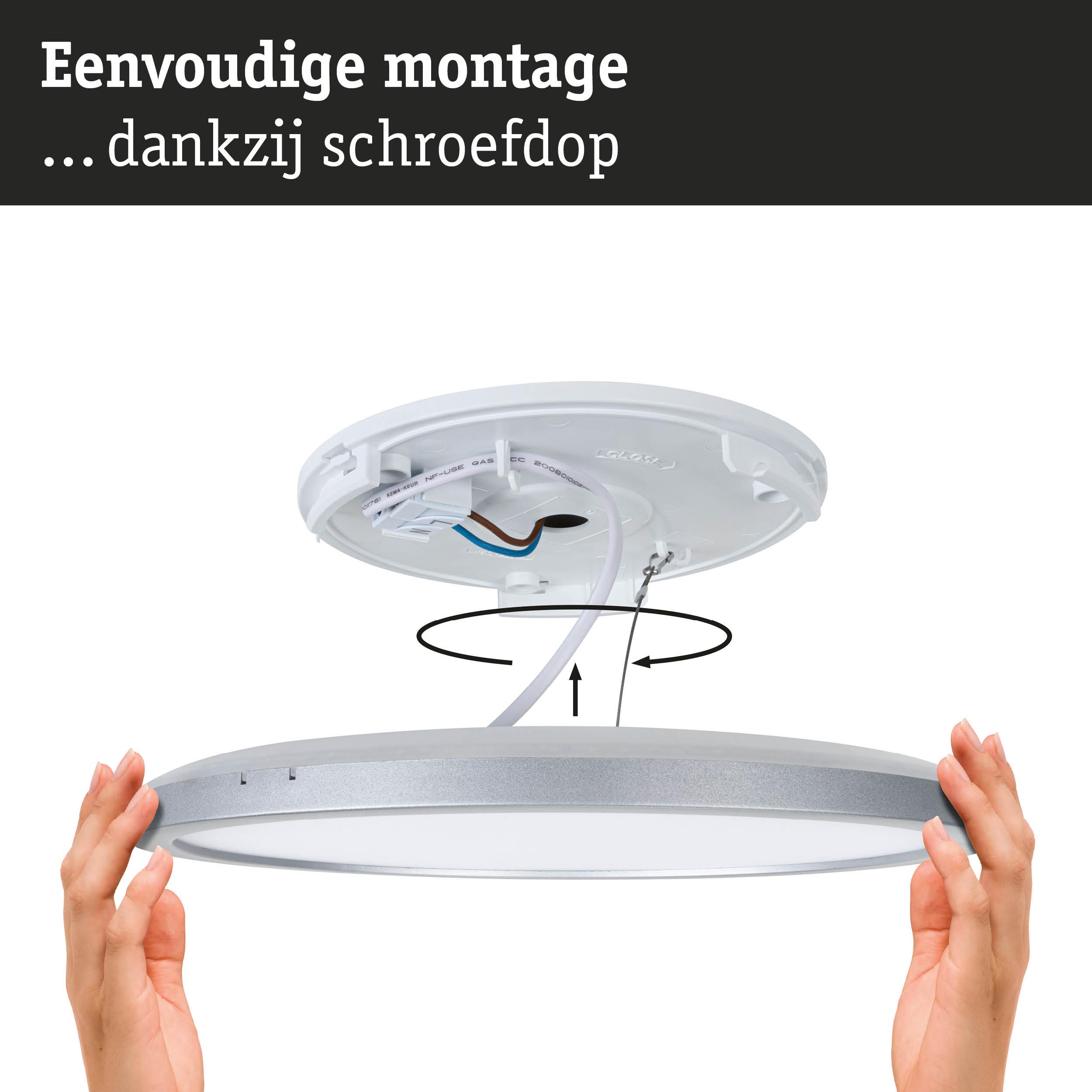 Eenvoudige montage van ronde plafondlamp met zilveren rand en witte diffuser dankzij schroefdop