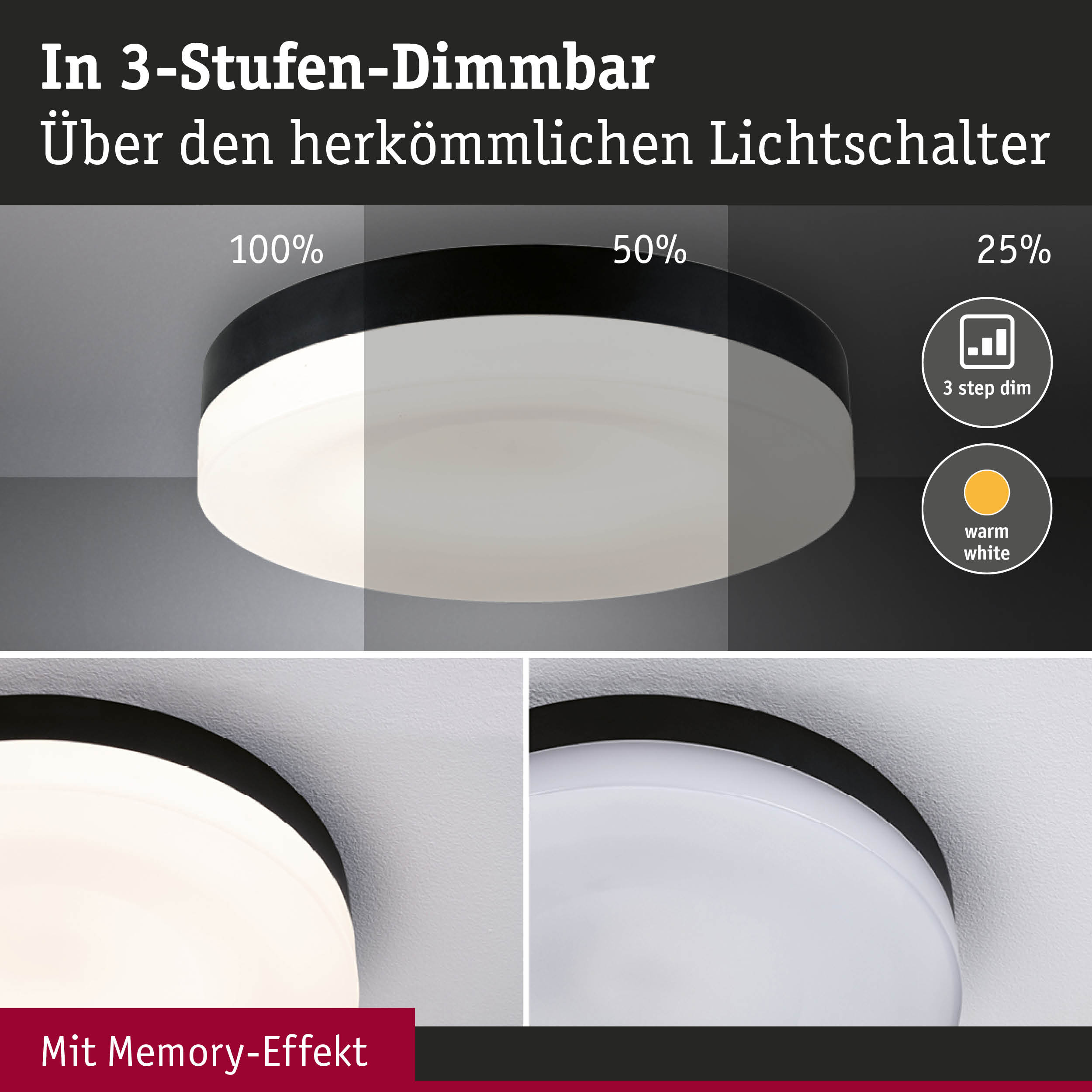 Runde Deckenleuchte mit schwarzem Rand, 3-stufig dimmbar und Memory-Effekt für warmweißes Licht