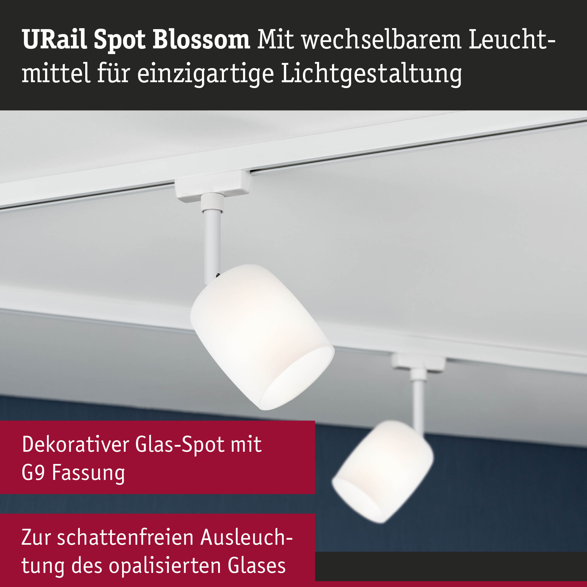 Weißer URail Spot Blossom Glas-Spot mit G9 Fassung für schattenfreie Beleuchtung