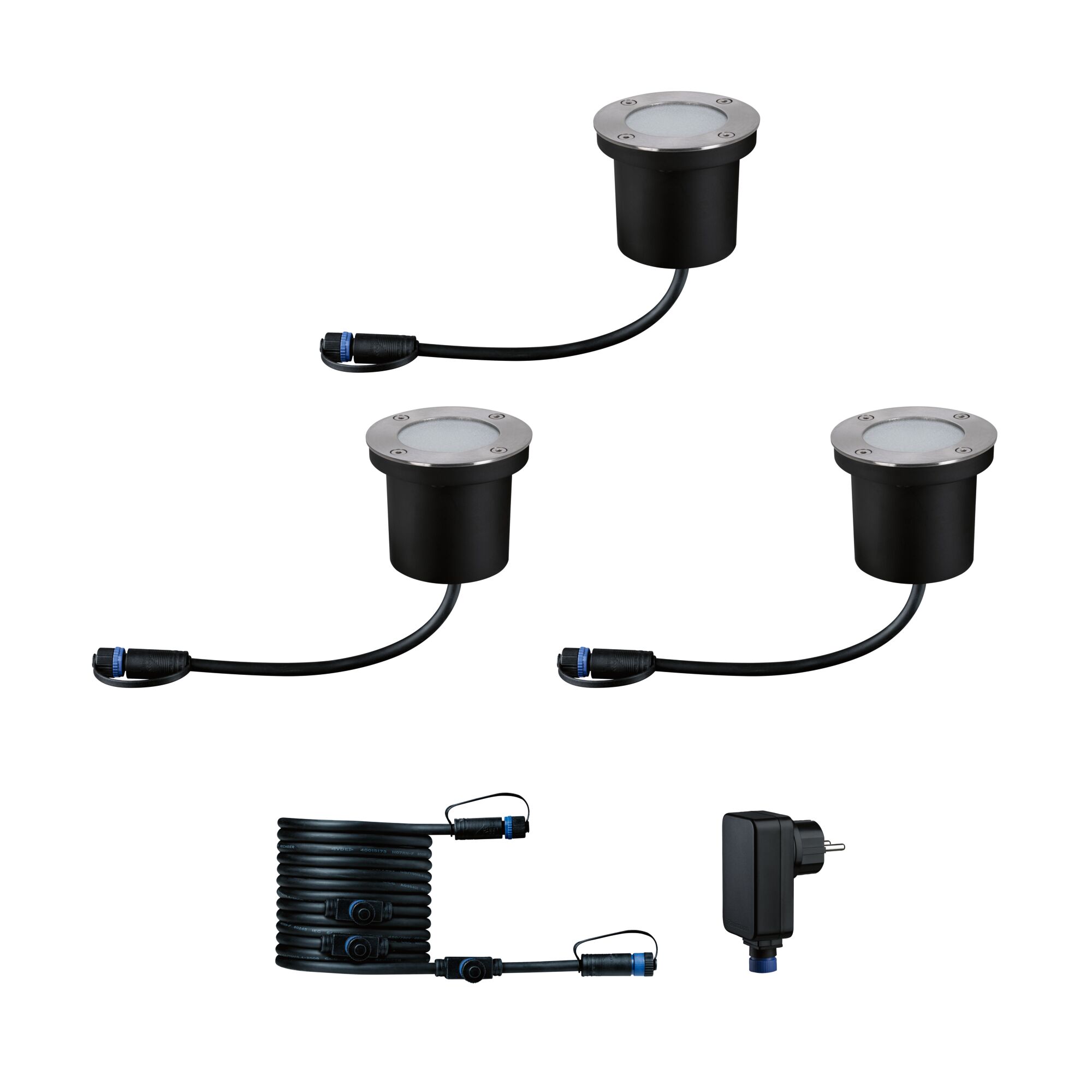 Sæt med tre sorte LED-jordspydslamper med rustfrit stål kant og kabel til udendørsbelysning