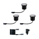 Set aus drei schwarzen LED-Erdspießleuchten mit Edelstahlrand und Kabel für Außenbeleuchtung