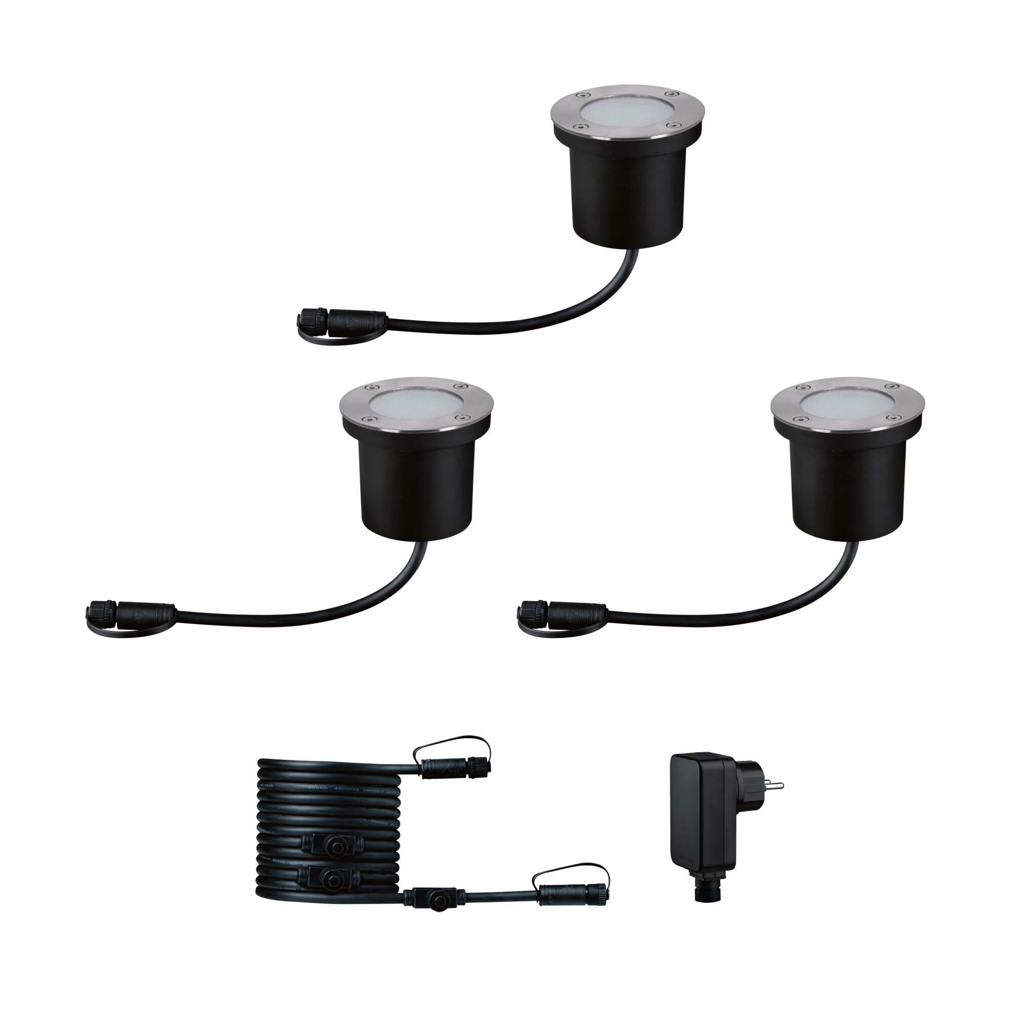 Black LED recessed light set with stainless steel trim and cable for outdoor lighting