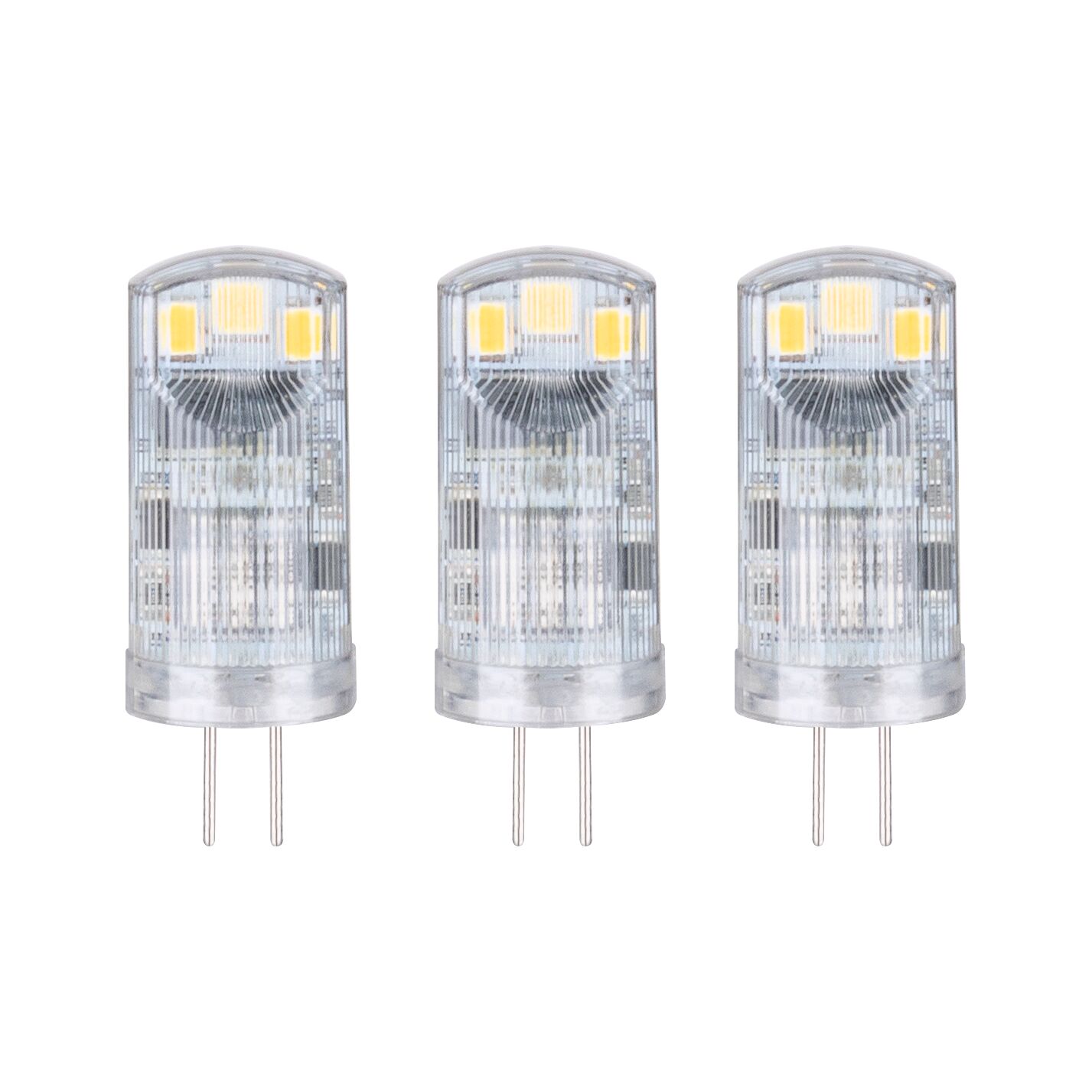 Drei transparente LED-Leuchtmittel mit G4-Sockel für energiesparende Beleuchtung im Set