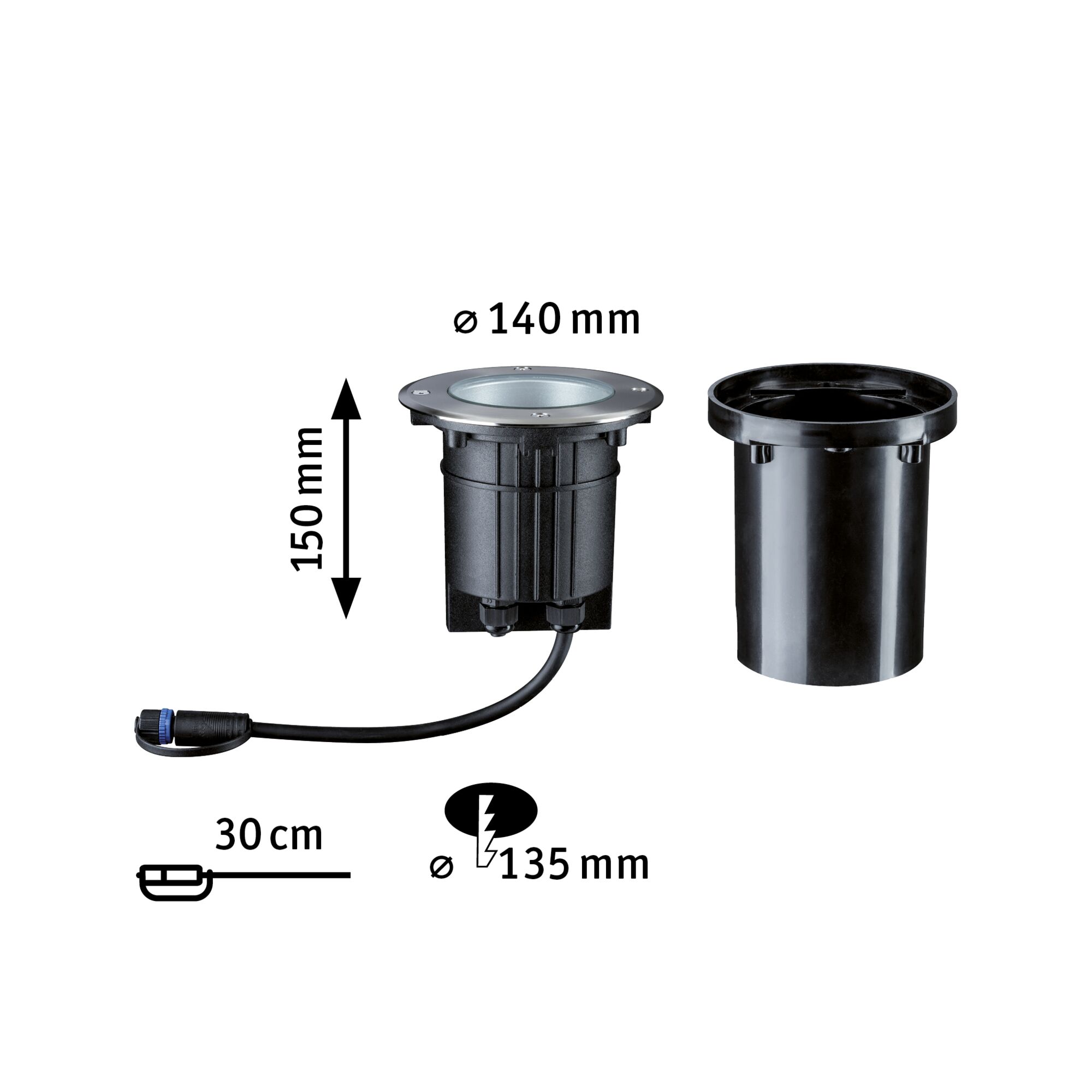Black recessed light with 140 mm diameter and 150 mm height, including 30 cm cable length.