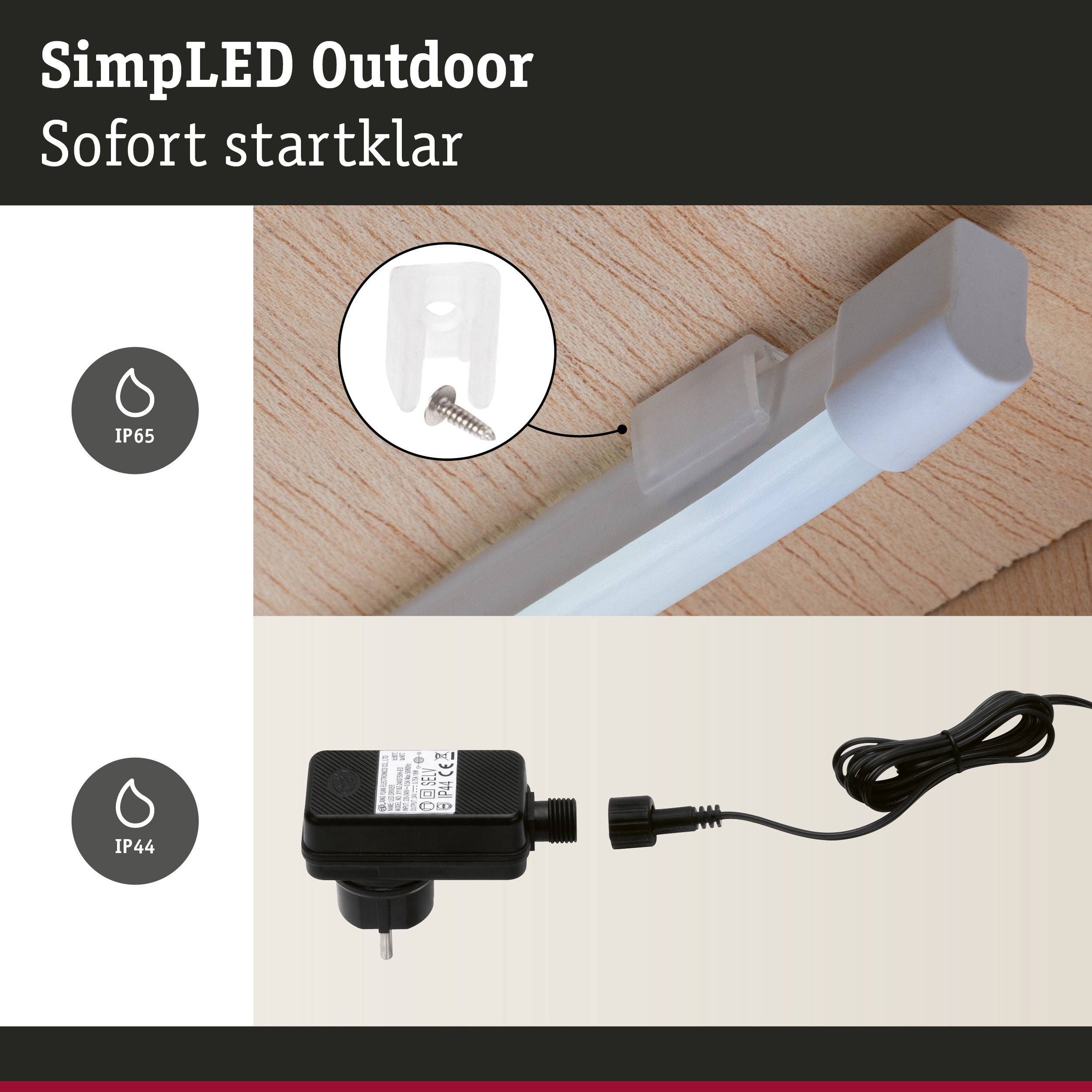 Weißes Outdoor-LED-Lichtprofil mit Halterung und schwarzem IP44 Netzteil für Gartenbeleuchtung