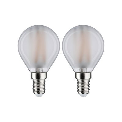 Zwei matte LED-Glühbirnen mit E14-Fassung und milchigem Glas für energiesparende Beleuchtung