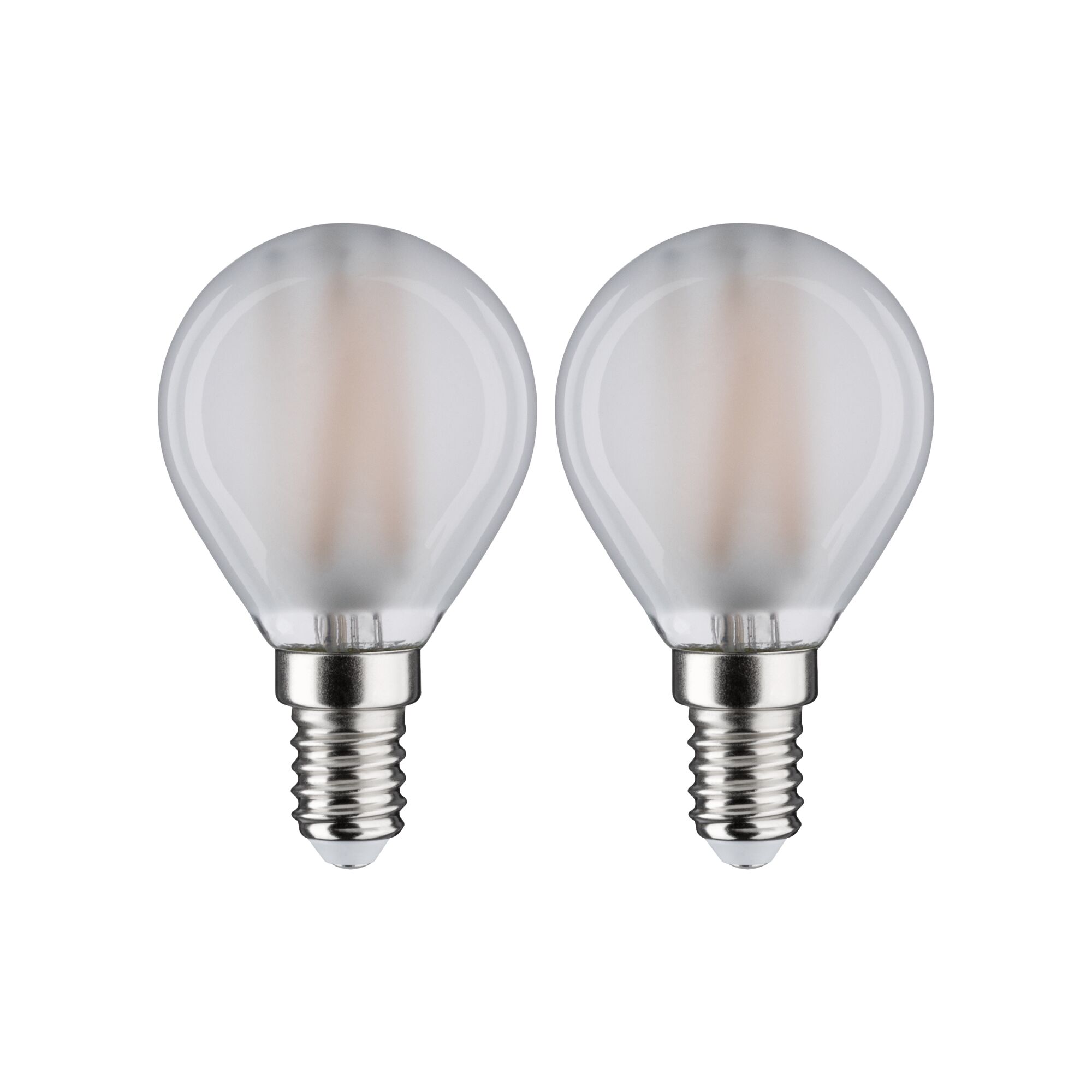 Zwei matte LED-Glühbirnen mit E14-Fassung und milchigem Glas für energiesparende Beleuchtung