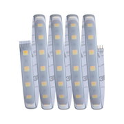 Flexible LED strip light with warm white diodes and adhesive backing for versatile lighting solutions.