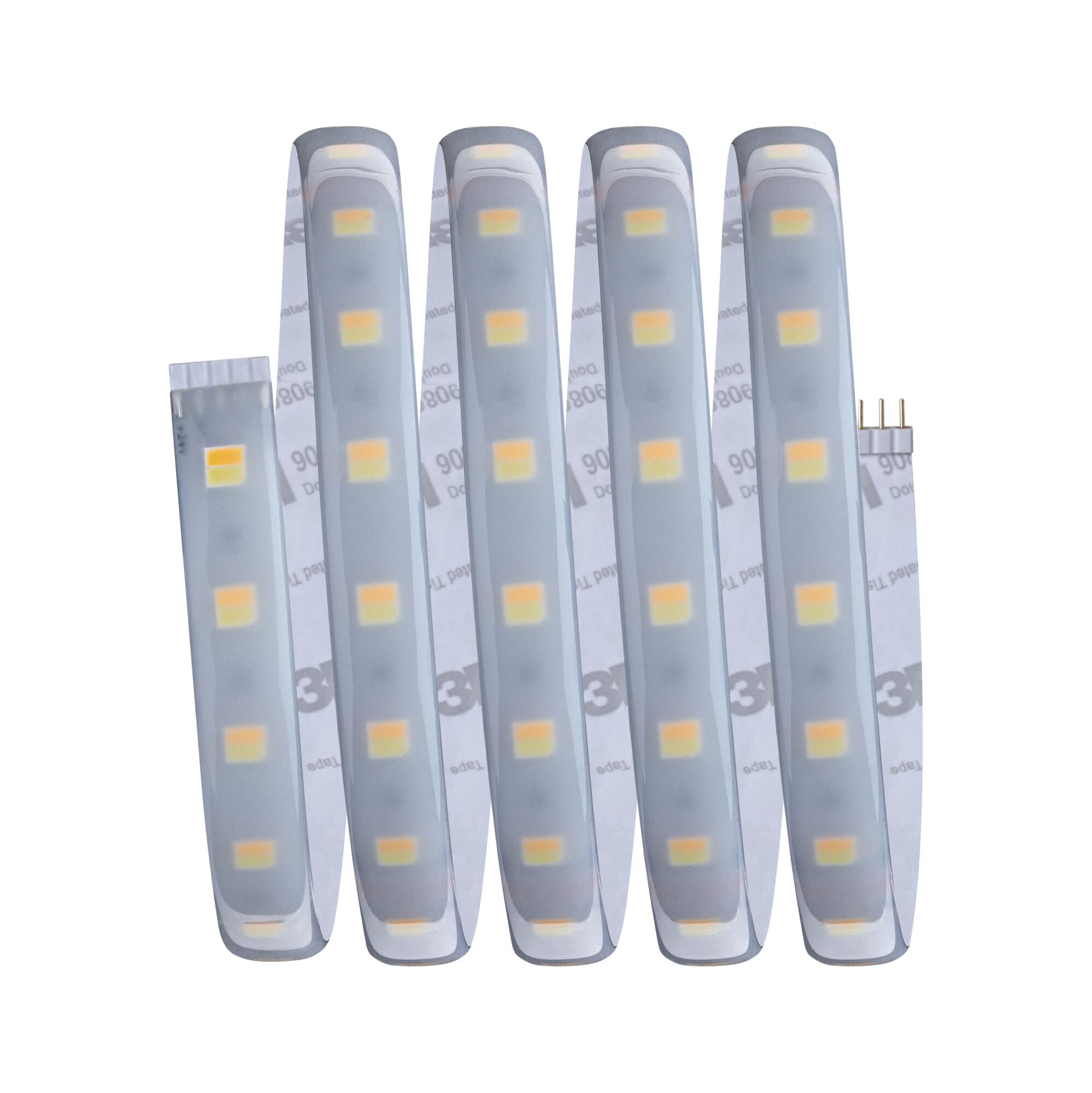 Flexible LED strip light with warm white diodes and adhesive backing for versatile lighting solutions.