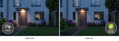 Grijze buitenmuurverlichting met bewegingssensor en insectvriendelijk warm wit licht voor gevels.