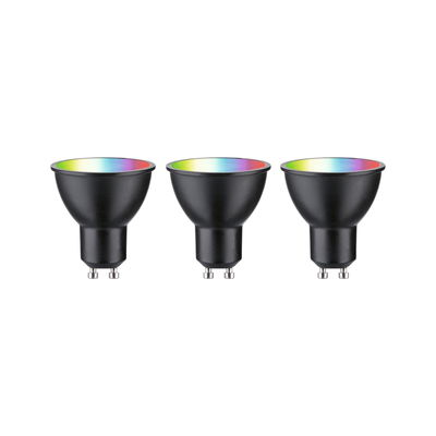 Three black GU10 LED spotlights with RGB color change for modern LED lighting solutions