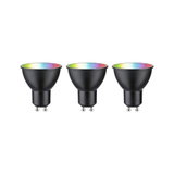Three black GU10 LED spotlights with RGB color change for modern LED lighting solutions
