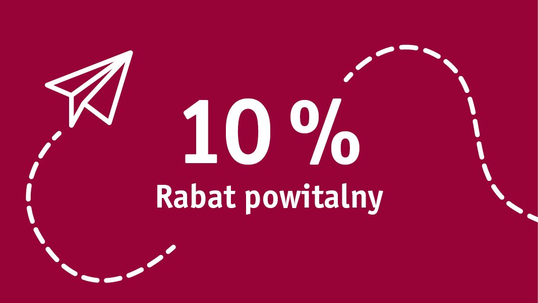 Red banner with white paper plane and 10 percent welcome discount for online shop promotions