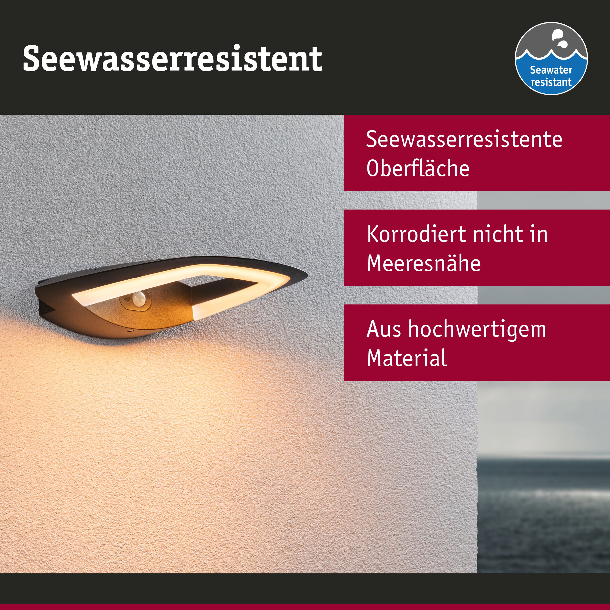 Moderne schwarze Außenwandleuchte mit seewasserresistenter Oberfläche und warmweißem LED-Licht